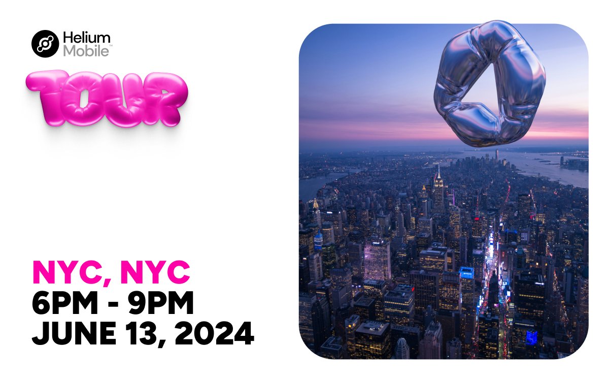 🗽NYC, get ready! The Helium Mobile Tour is hitting your city on June 13th! Dive into the future of telco with our $20/month unlimited plan and learn about the power of the people-built Helium Mobile Network. 🙌

RSVP now: hellohelium.com/tour