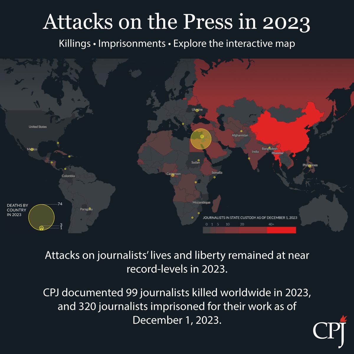 CPJ documented: ➡️ 99 journalists killed worldwide in 2023 ➡️ 320 journalists jailed for their work as of Dec. 1 Israel became the source for over 75% of journalist killings & the sixth-worst jailer of journalists in 2023. Explore CPJ’s interactive map: cpj.org/2024/02/attack…
