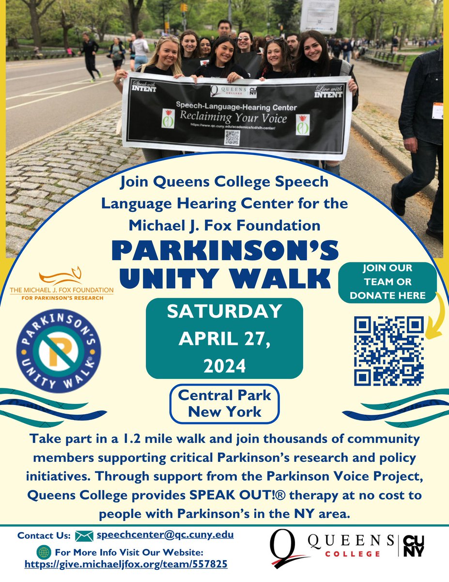 Michael J. Fox Foundation Parkinson's Unity Walk 4/27, 9 am Central Park Info: ow.ly/6rnt50QQbSj The QC Speech Language Hearing Center will be participating in the annual Michael J. Fox Foundation Parkinson's @unitywalk to support all those affected by Parkinson's.