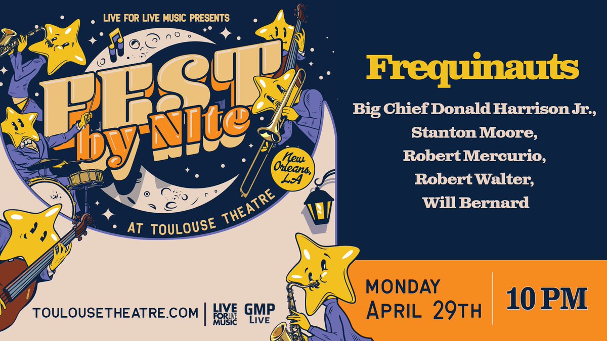 LiveForLiveNOLA's tweet photo. Tonight, NOLA! ⚜️ Keeping our Fest By Nite series rolling with Frequinauts at @ToulouseTheatre.

🎫: https://t.co/RNbj09mkGx https://t.co/Iy5cYwjewk
