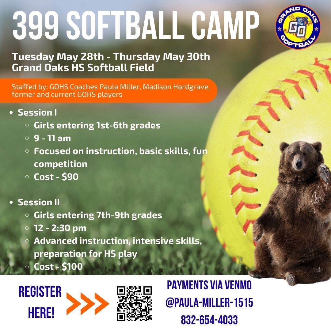 Come play ball with us future Grizzly!  2024 Summer Softball camp dates have been set!

Scan the QR code to register and pay via the Zelle info on the flyer. 

All attendees will need to bring their own gear (bat, glove, helmet, water, sunscreen).  No metal cleats please!