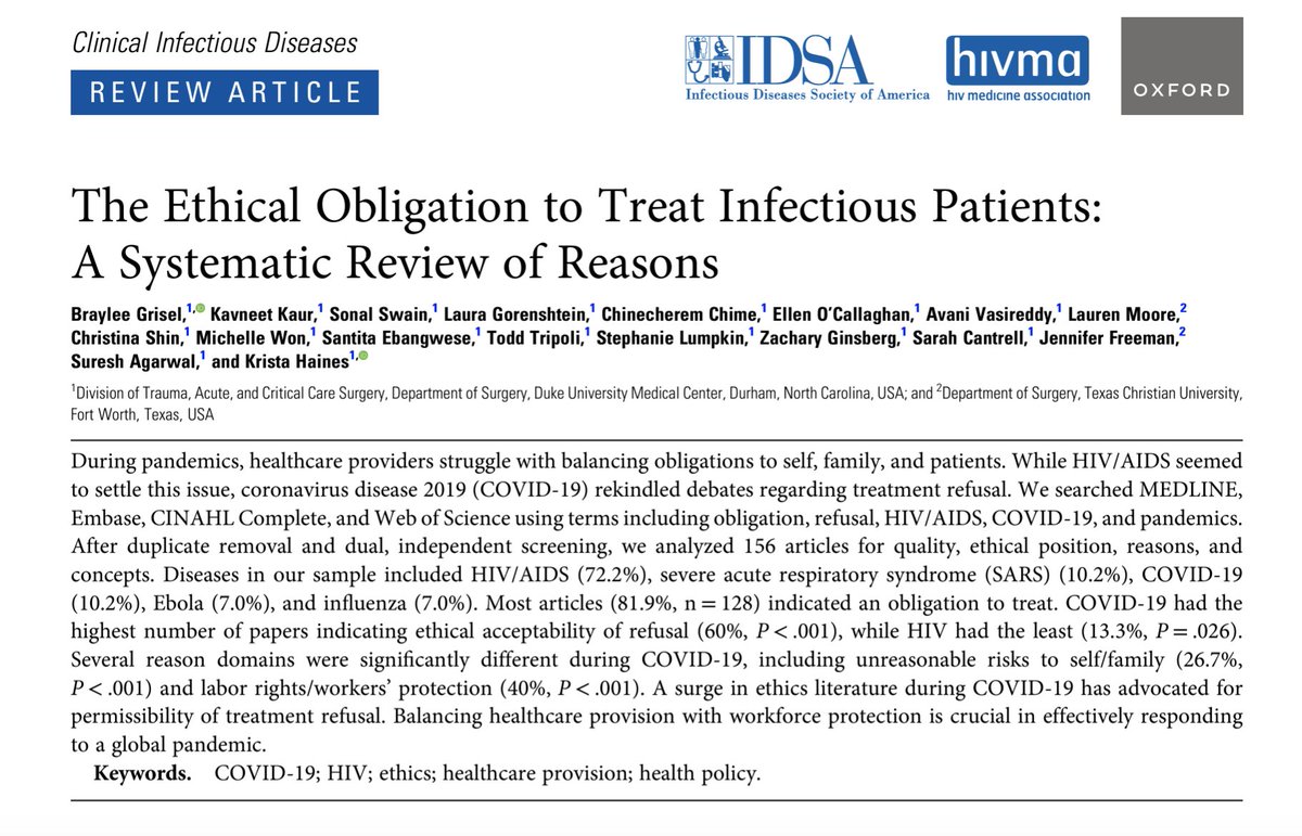 New from us in @CIDJournal: How do pandemics influence the ethical obligation to provide care? What ethical basis is there for providing care at personal risk? #medtwitter #emergencymedicine @DukeMedSchool @DukeSurgery @DrKristaHaines  academic.oup.com/cid/advance-ar…