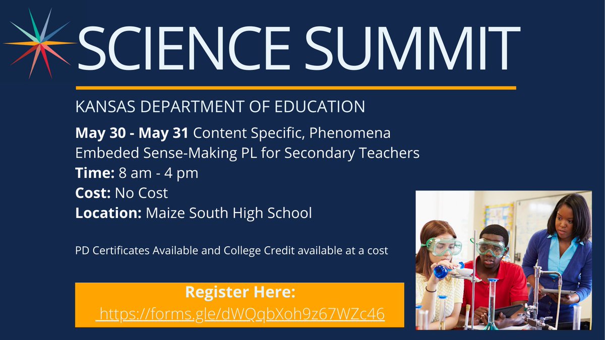 We are SO excited to be hosting the Kansas Science Summit at Maize South High School May 30-31! Join us for 2 days of high quality PL centered around secondary science sensemaking! Select the content and grade level that's relevant to you. Register Here: forms.gle/dWQqbXoh9z67WZ…