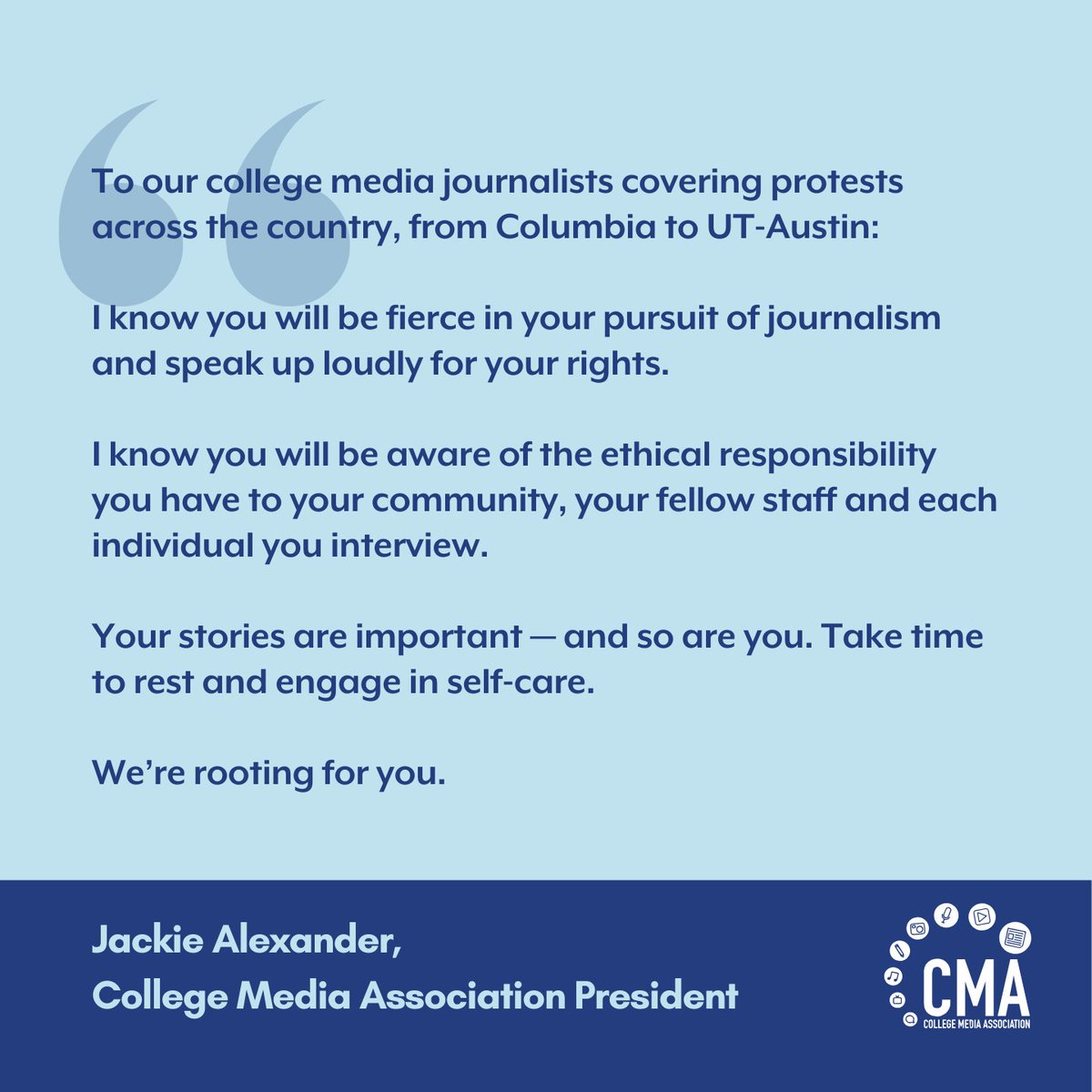 To our college media journalists, from an adviser. Remember your training. Be compassionate. And take care of you. We're proud of you.