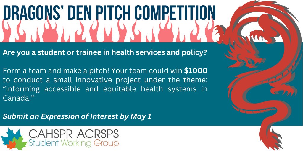 🐉🐲🐉
Calling Students/Trainees! If you're attending CAHSPR 2024, you won't want to miss this! 
🐉🐲🐉
Have an idea for a small project about health accessibility and equity in Canada? Now's your chance to impress CAHPSR execs and win funding. Learn more: tinyurl.com/y3845j7f