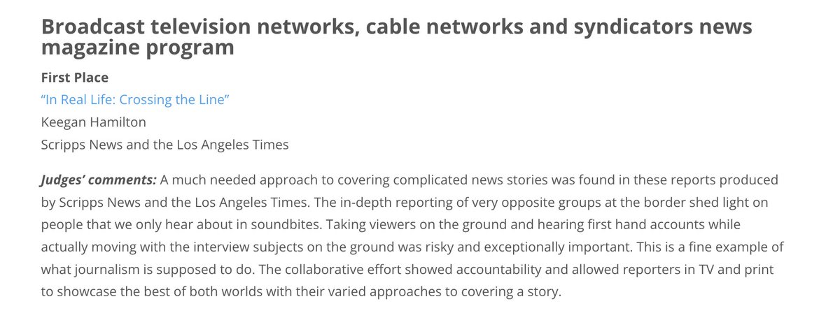 Excited to share that my @scrippsnews @latimes piece on border vigilantes is a 2024 @HeadlinerAwards winner: Judges: 'This is a fine example of what journalism is supposed to do.' (!!!) headlinerawards.org/2024-tv-radio/