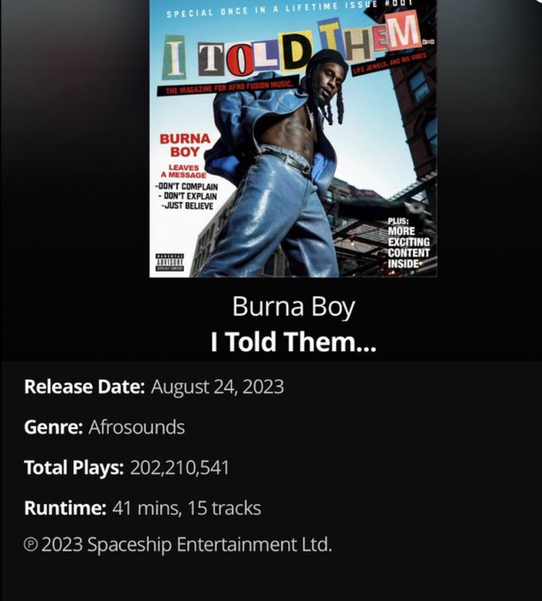.@burnaboy’s “I Told Them…” album has now surpassed 200 million total plays on Audiomack.