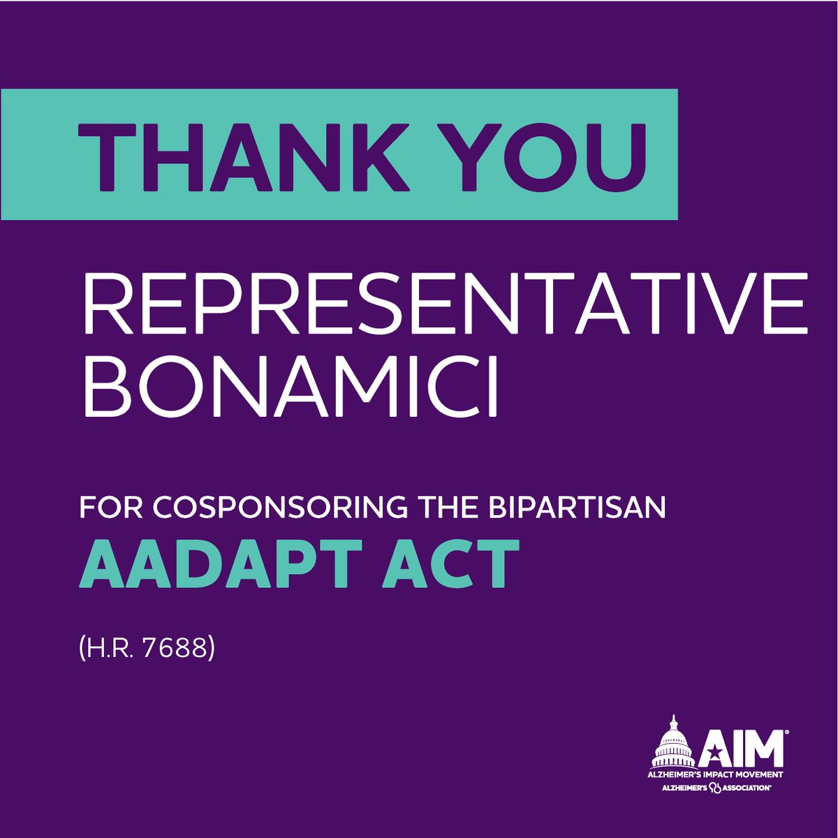 .@RepBonamici is improving dementia training and education for primary care providers by cosponsoring the #AADAPTAct. Thank you for supporting the Alzheimer’s and dementia community.