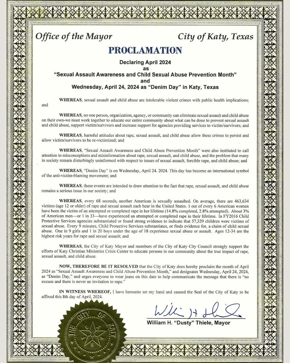 April 24th, 2024, declared #DenimDay by Mayor Thiele in support of Sexual Assault Awareness and Child Abuse Prevention Month. Denim isn't just fashion; it's a symbol of anti-victim-blaming. City Staff wore denim in solidarity! Thanks to Katy Christian Ministries for their support