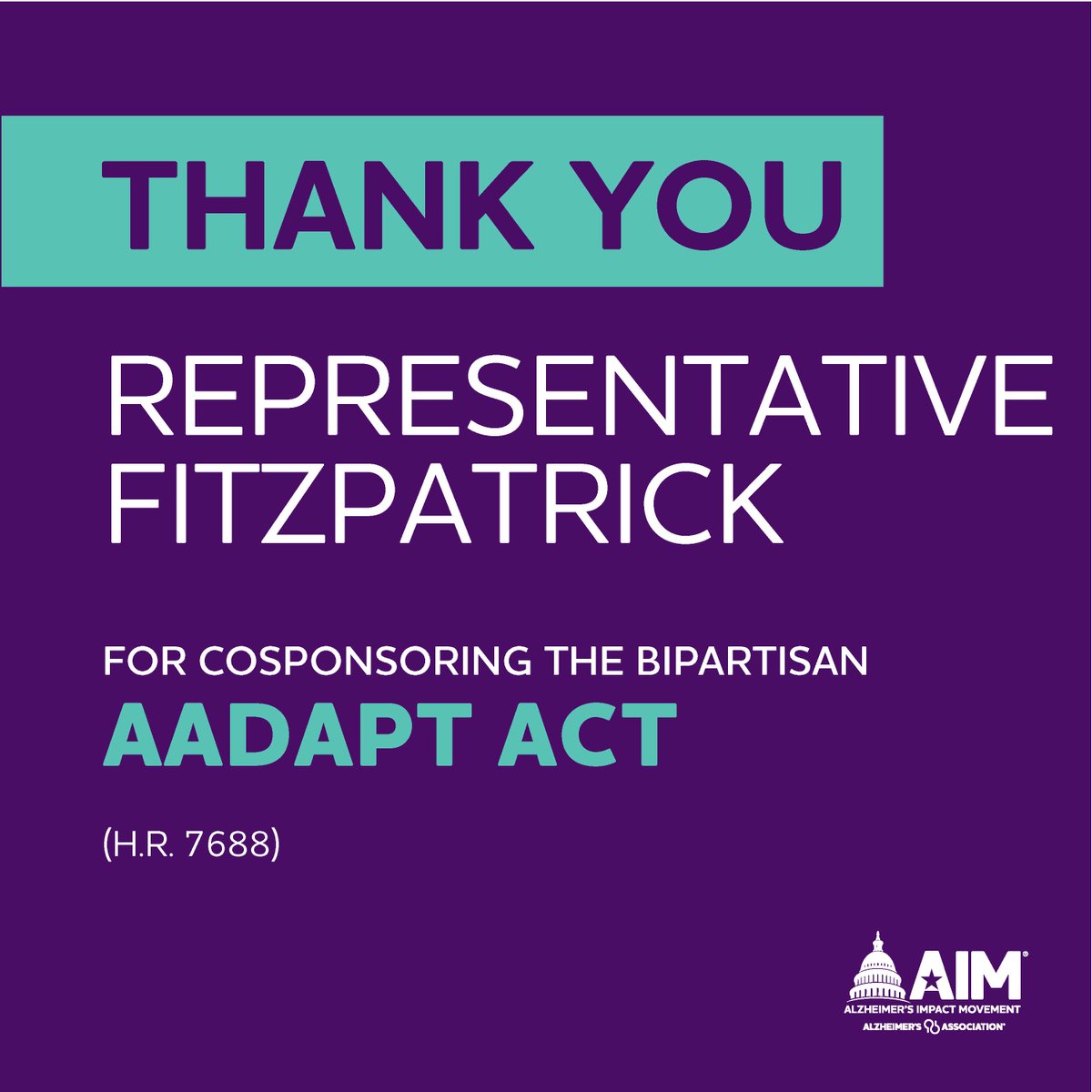 Thank you, @RepBrianFitz, for supporting the Alzheimer’s and dementia community by cosponsoring the #AADAPTAct, which will improve dementia training and education for primary care providers.