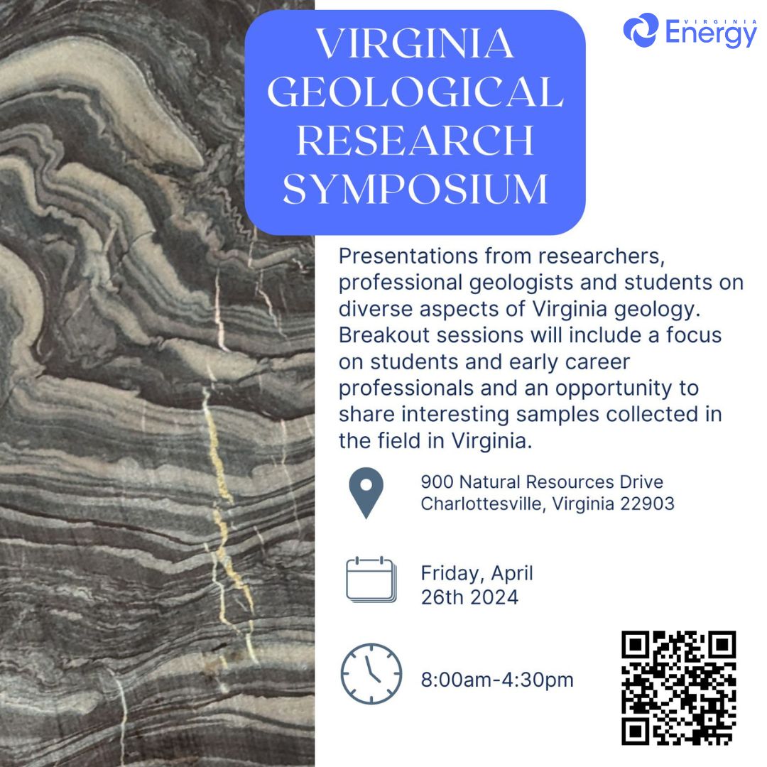 The Virginia Geologic Research Symposium will take place on Friday, April 26, 2024 from 8:00am to 4:30pm at the Charlottesville office. Registration for the in-person event is closed, but it can be viewed virtually here: energy.virginia.gov/geology/Sympos…