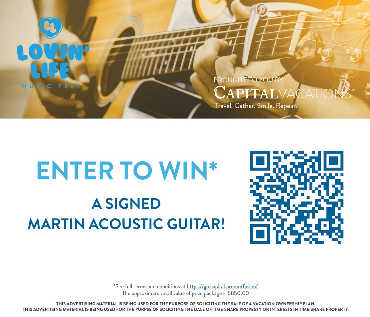 Enter for your chance to win a signed guitar at the fest from @CapitalVacays! capitalvacations.com/land/lovin-lif… Visit their booth onsite for a chance to win a discounted Cruise for 2 or Week Condo Stay for up to 4 travelers while supplies last!!!