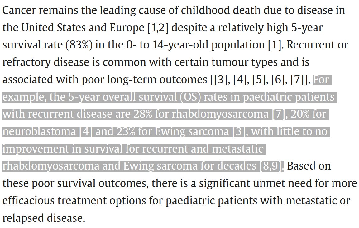 This is the trial on pediatric solid tumors (Ewing's sarcoma, rhabdomyosarcoma, and neuroblastoma). IMO, the combination is RevImmune's CYT107 and DCVax-L. The results are truly amazing given the following statistics:
The 5-year overall survival (OS) rates in paediatric patients