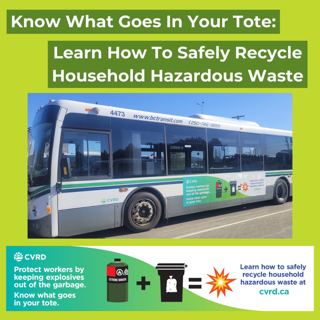 🔋🔌☠️Hey Cowichan, Keep an eye out around town for our new bus ads featuring the safe recycling of household hazardous waste. Check out ow.ly/YbK850Rnl59 for more info! Download the Cowichan Recycles app or use the Cowichan Recyclopedia app ow.ly/8EBo50Rnl58 .