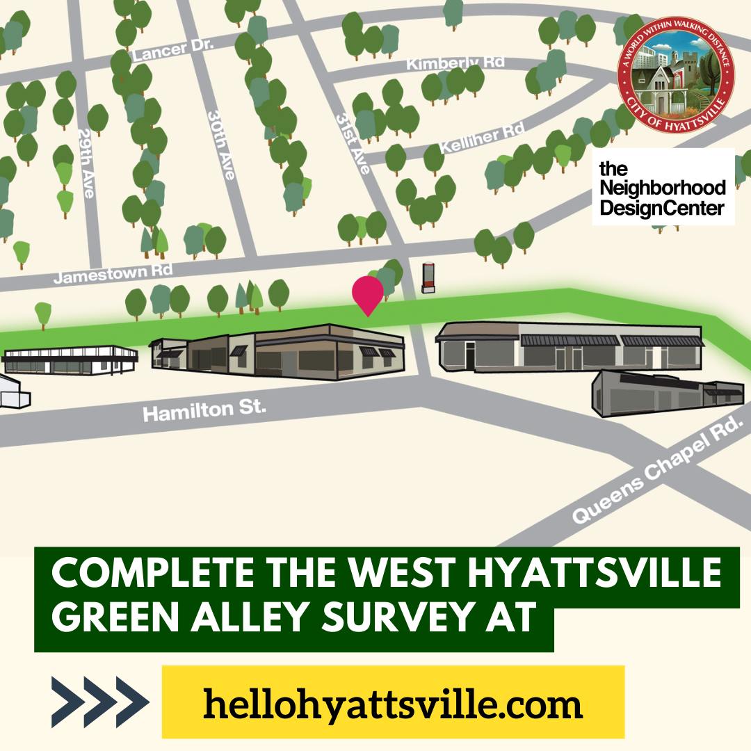 The City and @ndcmaryland are working together to develop a concept design to improve the alley behind the Queens Chapel Town Center in West Hyattsville! Visit hellohyattsville.com to learn more & take a survey to provide feedback! The survey is available until May 6.