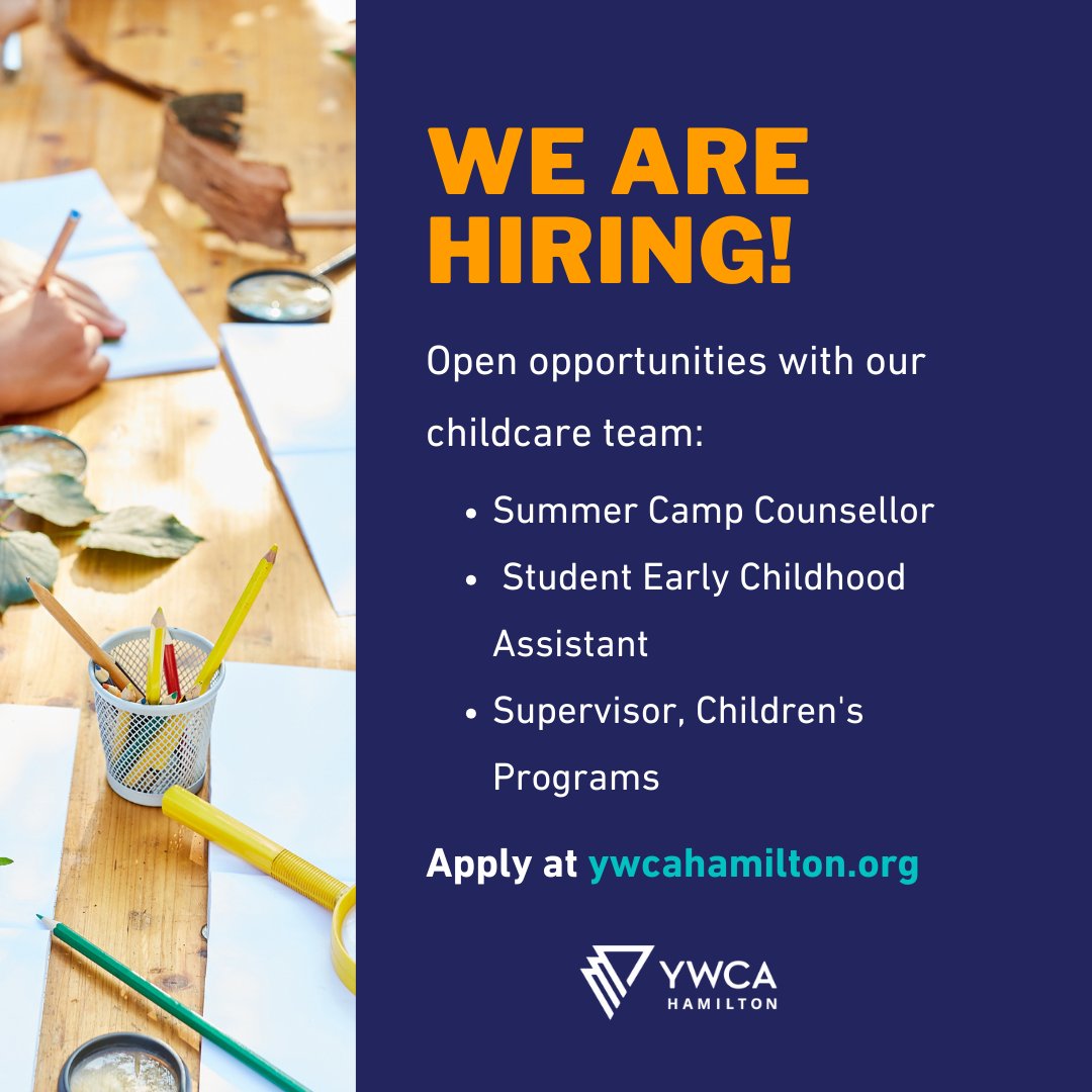 YWCA Hamilton is looking for folks passionate about early childhood education and childcare to join our team! Some of the open opportunities are for a Summer Camp Counsellor, Student Early Childhood Assistant, Supervisor, Children's Programs. Apply here ywcahamilton.easyapply.co