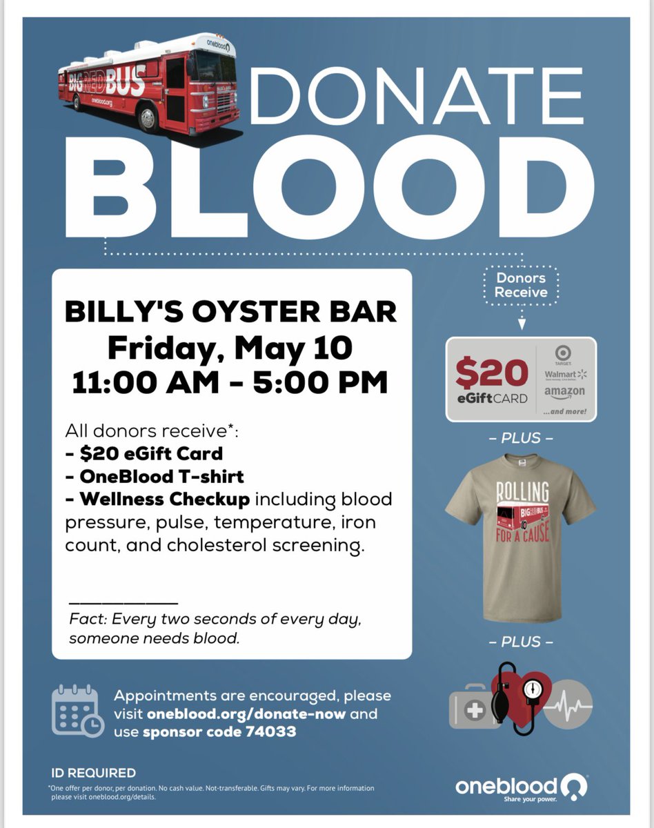 ❤️‍🩹 Join us for a life-saving event! Donate blood at Billy's Oyster Bar 🦀 on May 10th from 11:00 AM to 5:00 PM. As a token of appreciation, all donors receive a $20 eGift Card, a OneBlood T-shirt, and a wellness checkup!