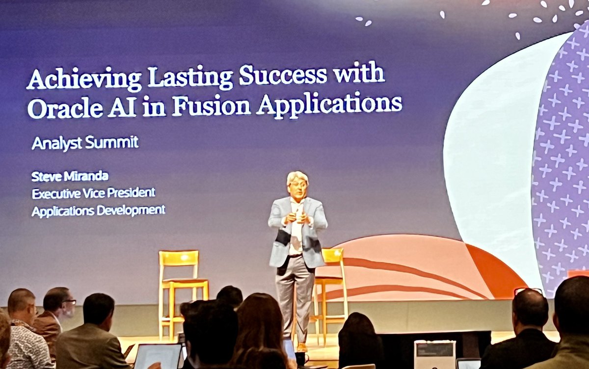 Kicking off #OracleAnalystSummit today w/ @SteveMiranda - with lots of familiar topics 

* Single data model making #AI more feasible

* 100’s of embedded #AI options (no extra cost)

* Heavy Industry focus -Healthcare 

More to come on LinkedIn

#HRTech #HR #Finance #Supplychain