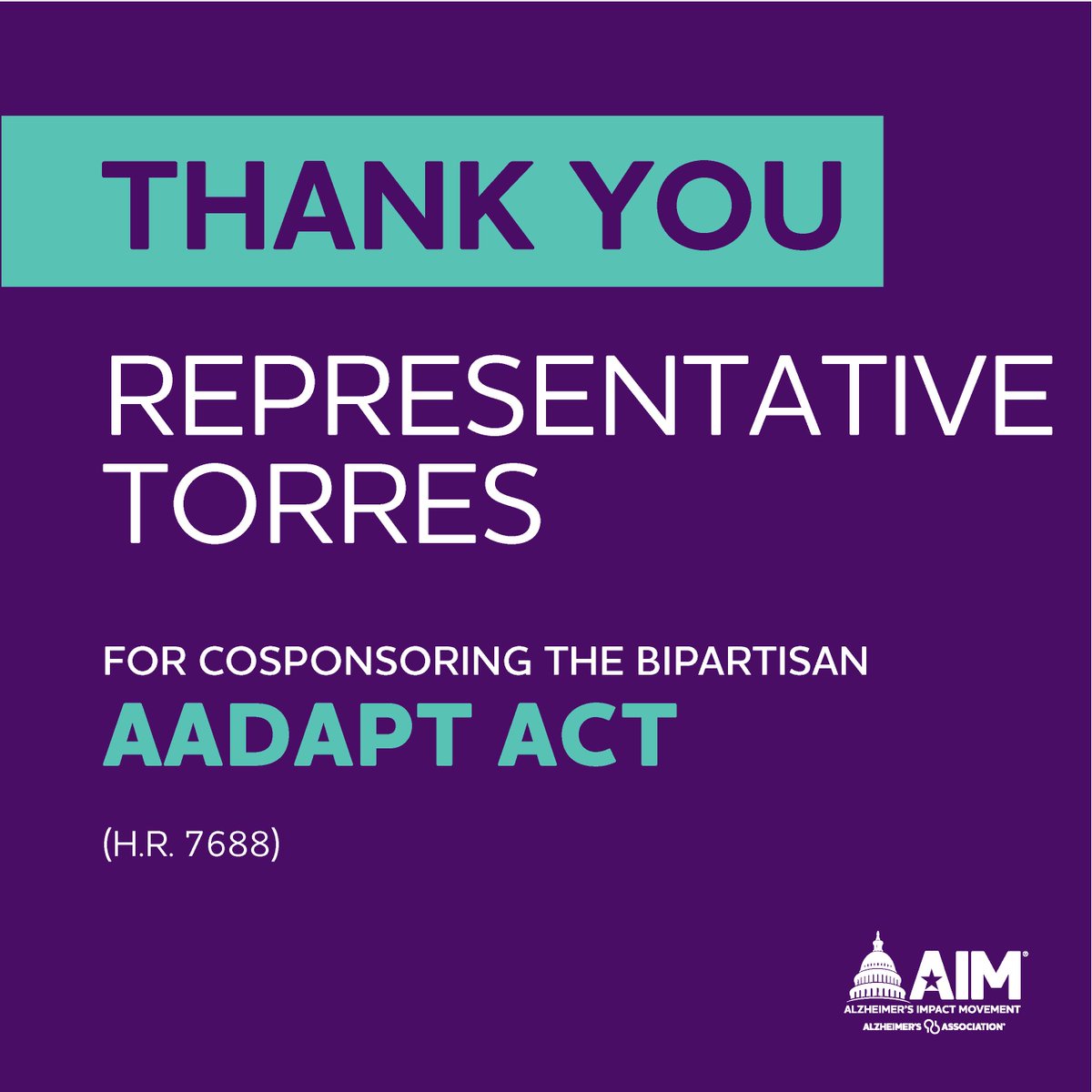 Thank you, @RepRitchie, for cosponsoring the #AADAPTAct and for supporting the Alzheimer’s and dementia community by helping to improve dementia training and education for primary care providers.