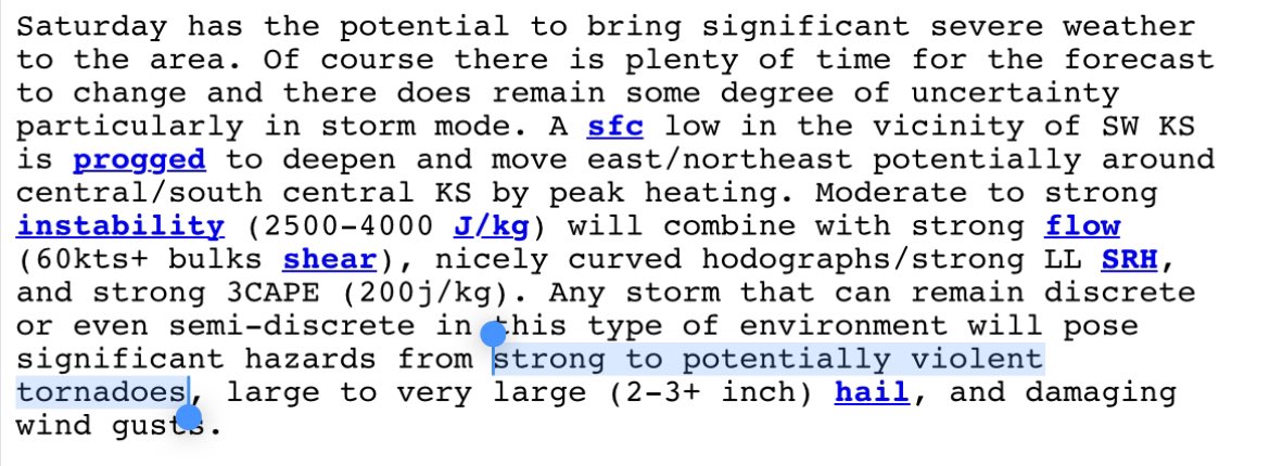 From NWS Wichita’s area forecast discussion regarding Saturday

“strong to potentially violent tornadoes” is something we haven’t seen mentioned in quite some time. 

Although trends can change, Saturday really has the potential to be a high-end tornado event. Not something to