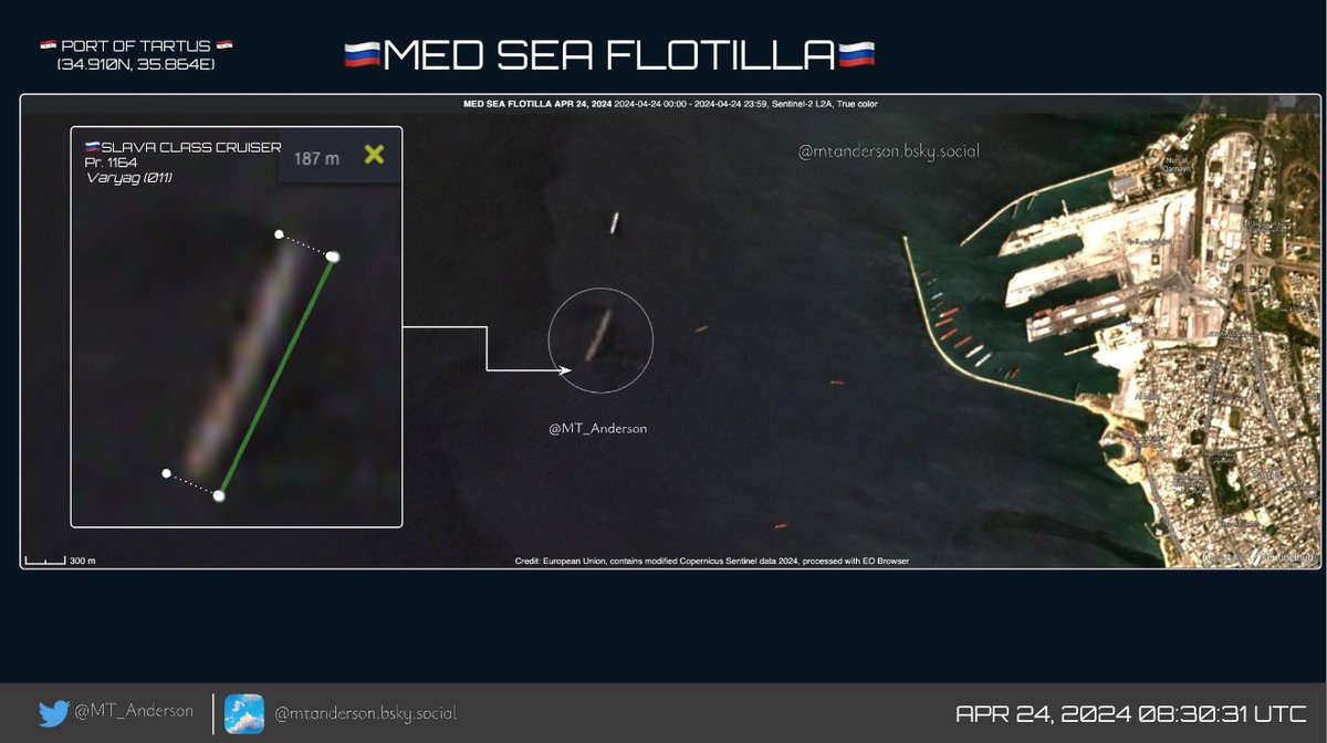 🇷🇺MED SEA FLOTILLA🇷🇺 🇱🇾Libyan Express has returned to naval piers in🇸🇾Tartus, as is almost the entire task force. Only vessels missing seem to be the Marshal Shaposhnikov & intelligence vessel Kildin. Varyag is in the anchorage. Sentinel 2 (24 Apr 2024) caveats apply