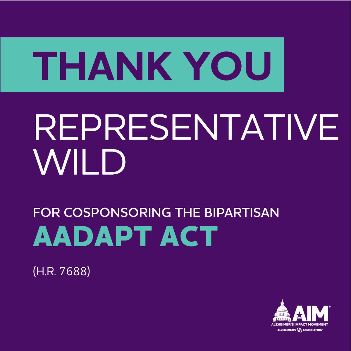 Thank you, @RepSusanWild, for improving dementia training and education for primary care providers by cosponsoring the #AADAPTAct.