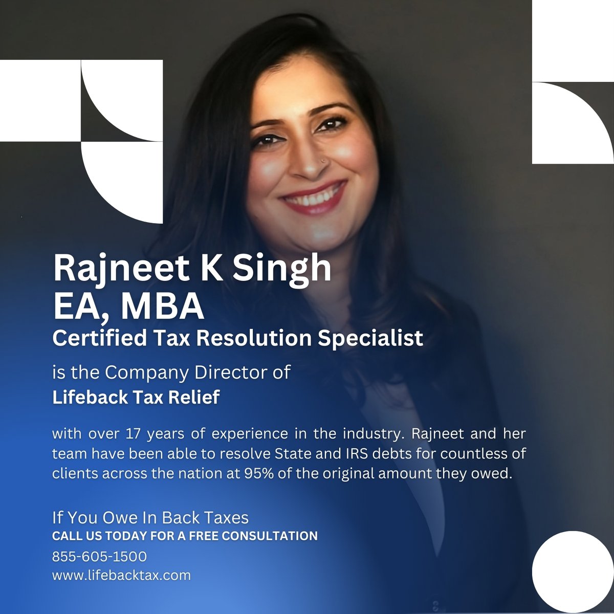 'Struggling with back taxes? Look no further! 💰 With over 17 years of expertise, Rajneet K Singh and her team at Lifeback Tax Relief have helped countless clients. Don't let tax stress weigh you   

#taxrelief #irs #experthelp #FinancialFreedom #TaxSeason #fyp #viral #taxtips