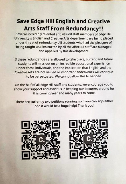 Bosses @ Edge Hill University, Lancashire are cutting £1m from payroll Congratulations to EHU students for organising this fightback They say bosses are threatening to smash Creative Arts & English by axeing 12 out of 30 senior lecturing posts Students + Staff Unite! @ucu