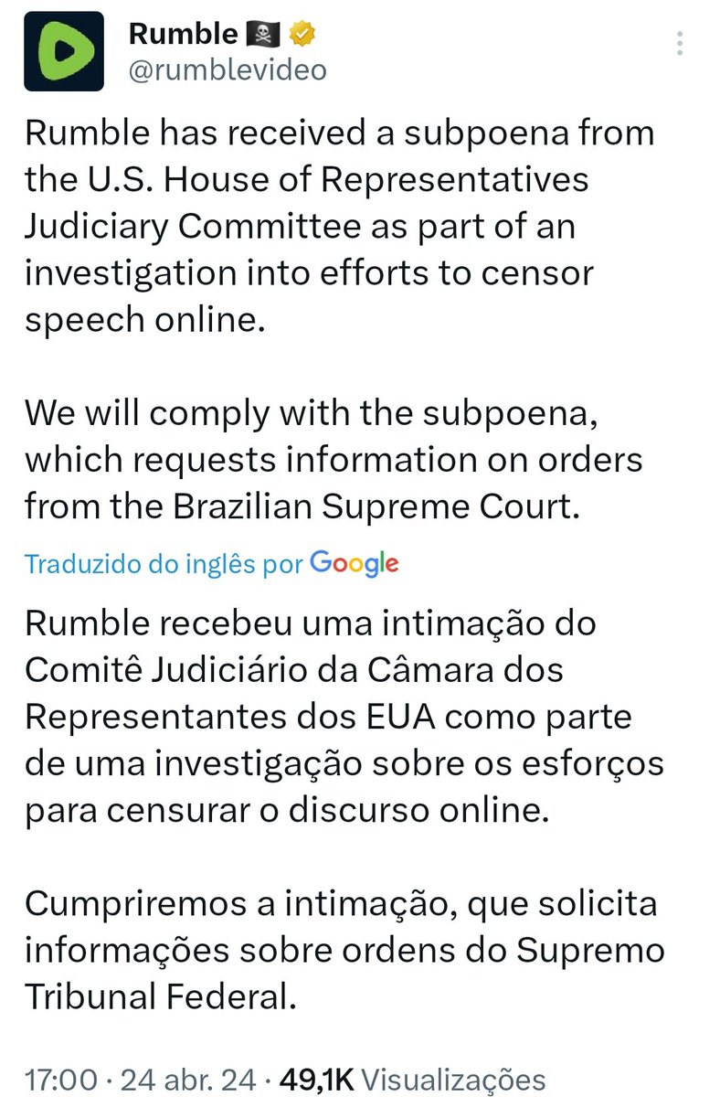 Rumble foi intimado pelo comitê da Câmara dos Estados Unidos a remeter as ordens do STF ao comitê para apreciação. Lembrando que o Rumble saiu do Brasil pela elevada cobranca de desativacao de contas 👀