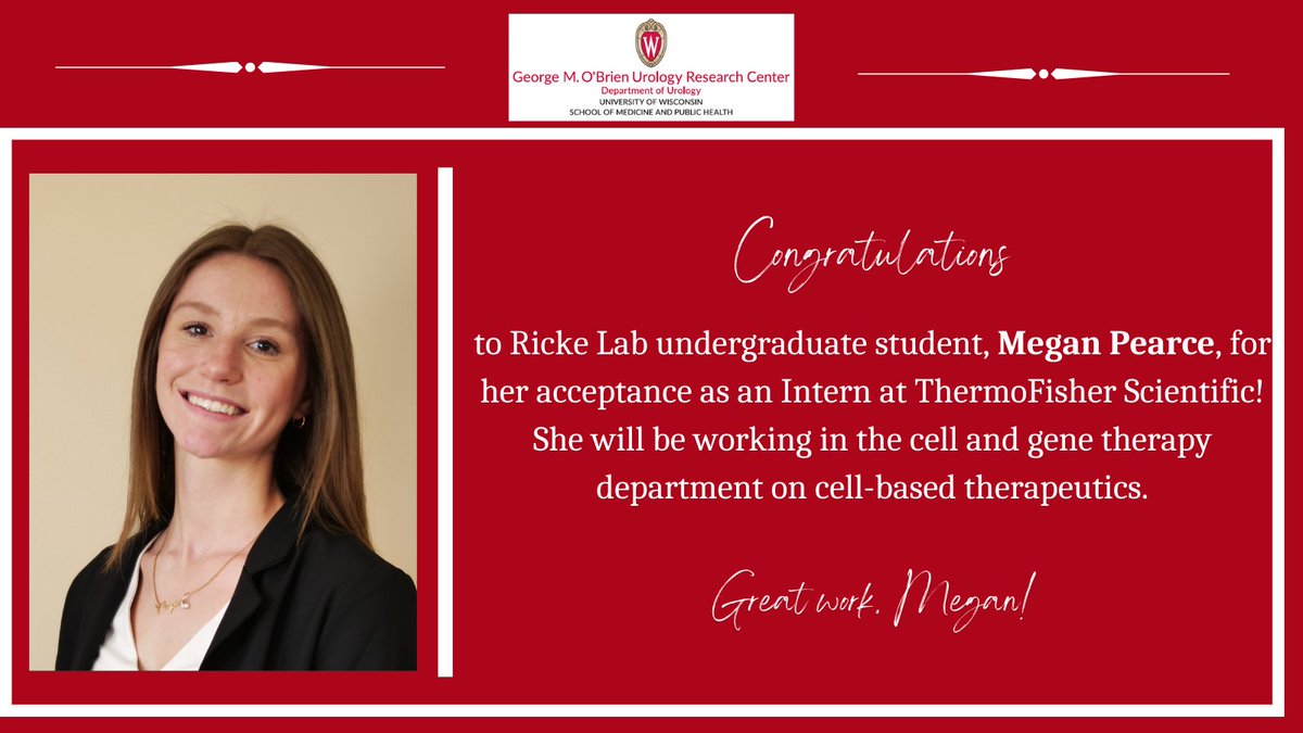 Congratulations to @LabRicke undergraduate student, Megan Pearce, for her acceptance as an Intern @thermofisher! She will be working in the cell and gene therapy department on cell-based therapeutics.