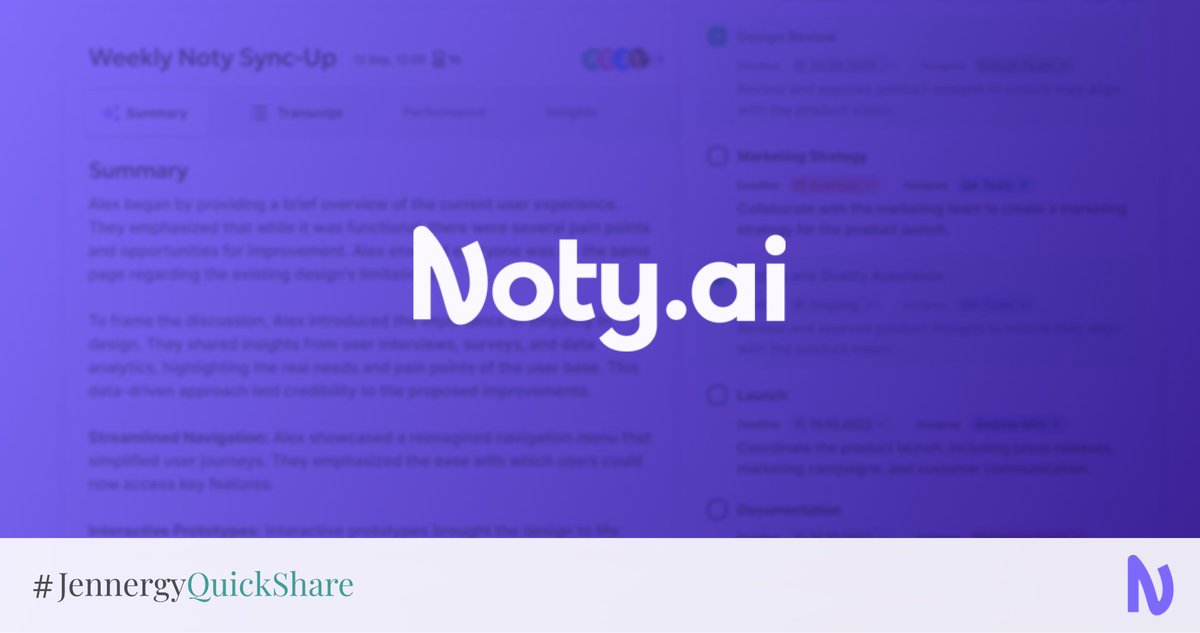 #JennergyQuickShare — Check out Noty for AI-powered note-taking, summaries, and task prioritization:  jennergy.com/quickshare/noty
#jennergy #calendars #meetings #productivity #slack #googlemeet #zoom #teams #sync