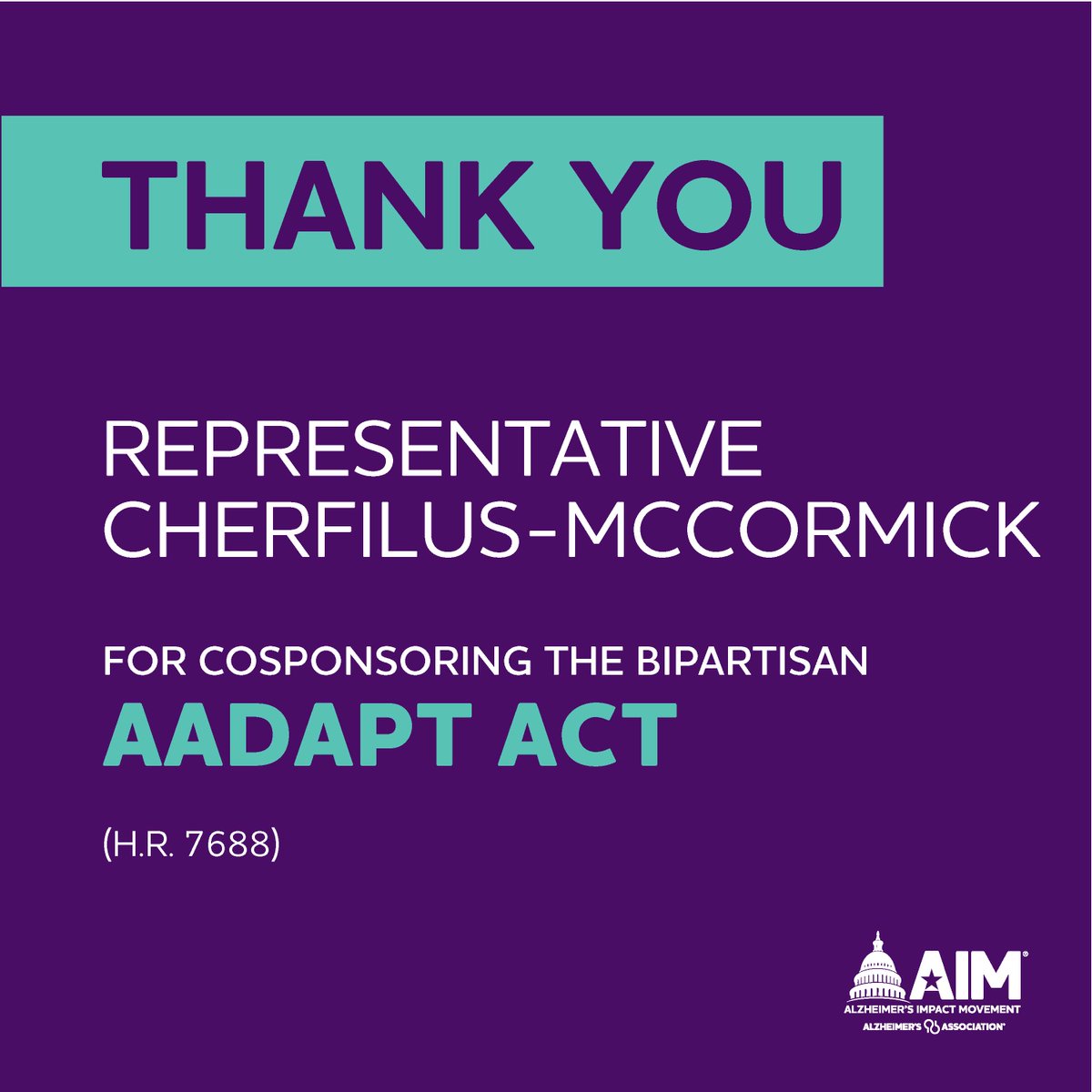 Thank you, @CongresswomanSC, for supporting the Alzheimer’s and dementia community by cosponsoring the #AADAPTAct, which will improve dementia training and education for primary care providers.