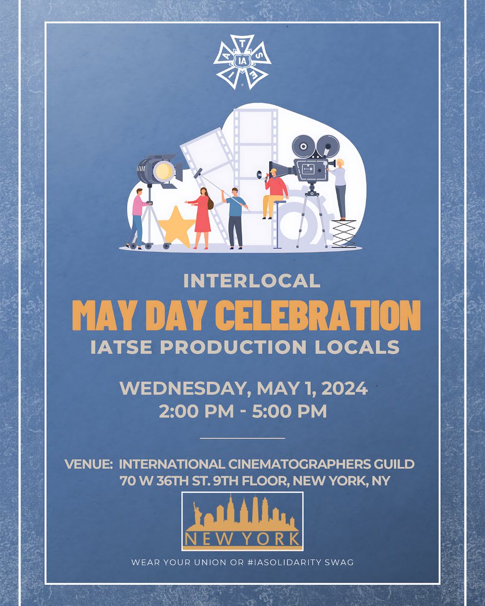 NEW YORK!!
Join in with your union kin at the Interlocal May Day Celebration on Wednesday, May 1st from 2 - 5pm ET. We will meet at International Cinematographers Guild @ 70 W 36th St. 9th Floor, New York, NY.

WEAR YOUR UNION OR #IASOLIDARITY SWAG
RSVP: tr.ee/NYMayDay