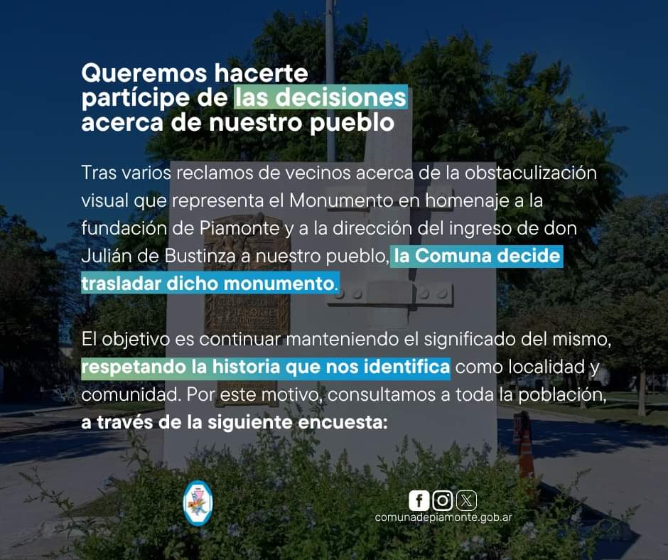 comunapiamonte's tweet photo. 🤝#ParticipaciónCiudadana        

Desde la Comuna de Piamonte queremos hacerte partícipe de las decisiones acerca de nuestro pueblo. Por este motivo, te enviamos esta encuesta para que respondas. 

👉🏽Ingresá al siguiente link: https://t.co/9jW64YDJs2 

#Comunadepiamonte https://t.co/VNlpIwMRpw
