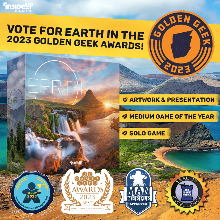 Earth has been nominated for Artwork & Presentation, Medium Game of the Year, and Best Solo Game. 🌍 If you love Earth as much as we do, please cast your vote! Awards like this help Earth reach more gamers, especially ones who might be new to the hobby. boardgamegeek.com/geekawards/boa…