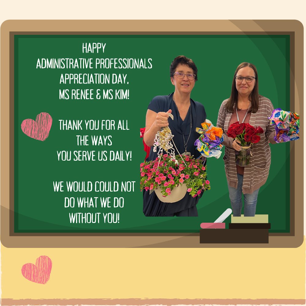 SHEtigertales's tweet photo. ADMINISTRATIVE PROFESSIONALS DAY ❤️
•
Our school could not survive without our Mrs. Renee & Mrs. Kim! We are so thankful for ALL you do for our students, staff, and families! We love YOU!
#SHEtales #theyROCK https://t.co/wH1dAI3KiB