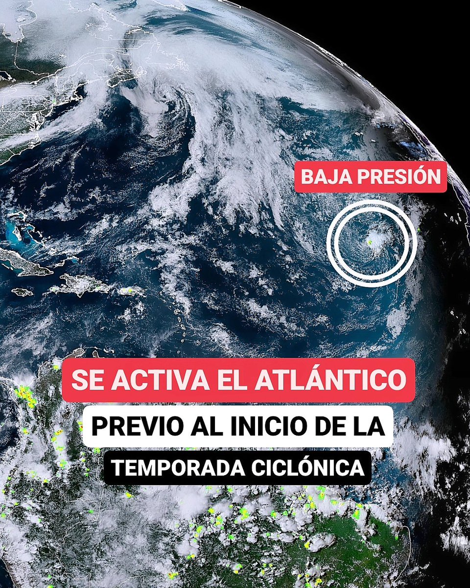 JeanSuriel's tweet photo. 🔴TOMEN NOTA🔴
El Centro Nacional de Huracanes de Miami ha empezado a vigilar una amplia baja presión en el Atlántico central: es el primer boletín emitido este año sobre un sistema atmosférico por la entidad meteorológica.

⚠️El fenómeno lleva una trayectoria hacia el suroeste, en aguas abiertas del Atlántico, por lo que no representa peligro para ninguna zona poblada.

⚠️Está desarrollando vientos máximos sostenidos de 25 km/h y ráfagas más fuertes: sin embargo, no se espera que se forme como depresión o tormenta debido a que está luchando con polvo del Sahara y vientos cortantes.

⚠️La temporada ciclónica comenzará oficialmente el 1 de junio, pero desde ya están dadas las condiciones para que se forme un ciclón tropical.

✅️ https://t.co/WlQFg167bk 
➡️ @AgendaClimatica 
▶️ https://t.co/OBEFwksFsW