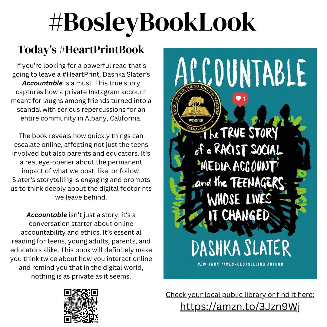 BosleyBookLook's tweet image. This #heartprint book by @DashkaSlater  is one to read, reflect, &amp;amp; discuss with others, especially the teens in your life. You can find it at your local library or here amzn.to/4dbQweK #BosleyBookLook