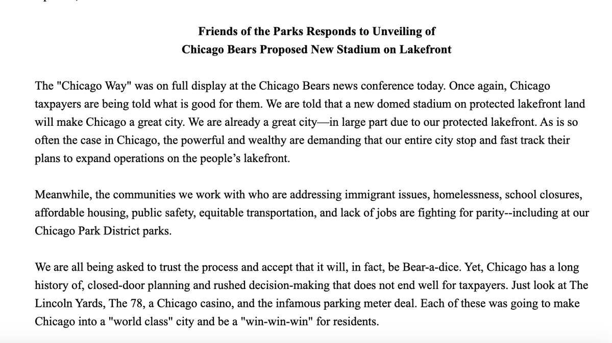 Just in: Friends of the Parks just released a statement in response to the Bear's proposed new stadium. @TheTRiiBE