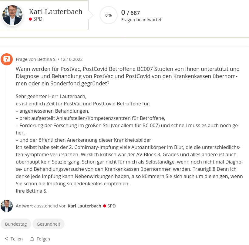 Trotz Recherche nichts gefunden, dass
Gesundheitsminister Lauterbach jemals offiziell über das vielversprechende Aptamer 

#BC007 

zur Therapie von #MEcfs #LongCovid gesprochen hat!

Sehr aufschlussreich!🤨

Auch bei abgeordnetenwatch Fehlanzeige...

Ist Nutella wichtiger?😵‍💫