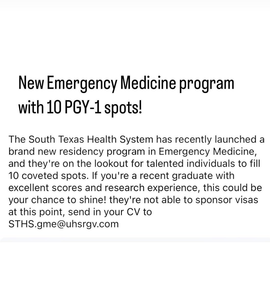 🚨🚨10 *New* PGY-1 Emergency Medicine Spots!! TEXAS!! July 2024!!
#match2024 #MATCHDAY #match2025 #unmatched2024 #soap2024 #scramble2024 #EMbound #EmergencyMedicine #ms4 #img #ecfmg #MedTwitter #InternalMedicine #familymedicine #pgy1 #pgy2 #pgy3