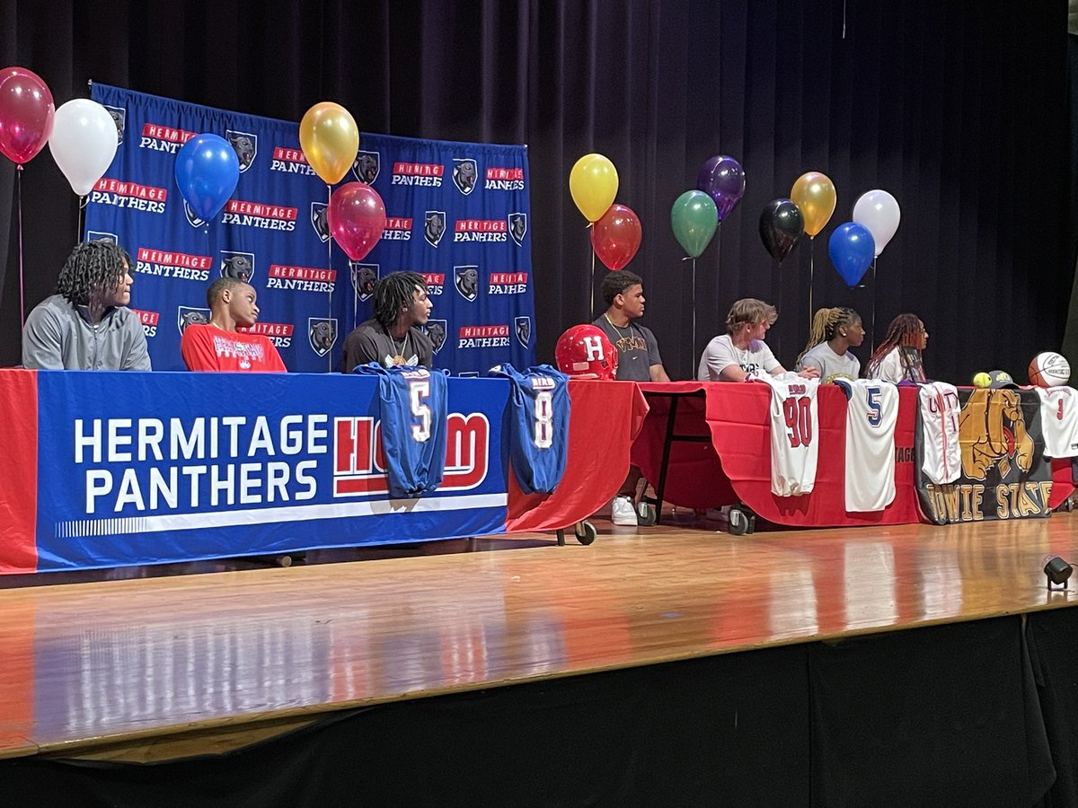 Signing day for @HermPanthers and @HermHSFootball 7 athletes signed headed to @VMI_Football @BH2OFootball @cuhawks @BowieState @vawesleyan Apprentice and Va Peninsula CC @CBS6