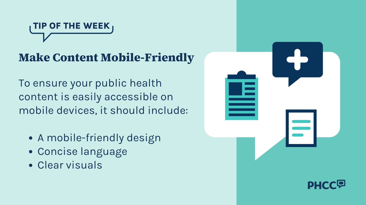 PHCC #TipOfTheWeek:📱Make your content mobile-friendly. Use mobile-friendly design, concise language, and clear visuals to ensure your #PublicHealth content is easily accessible on mobile devices.
