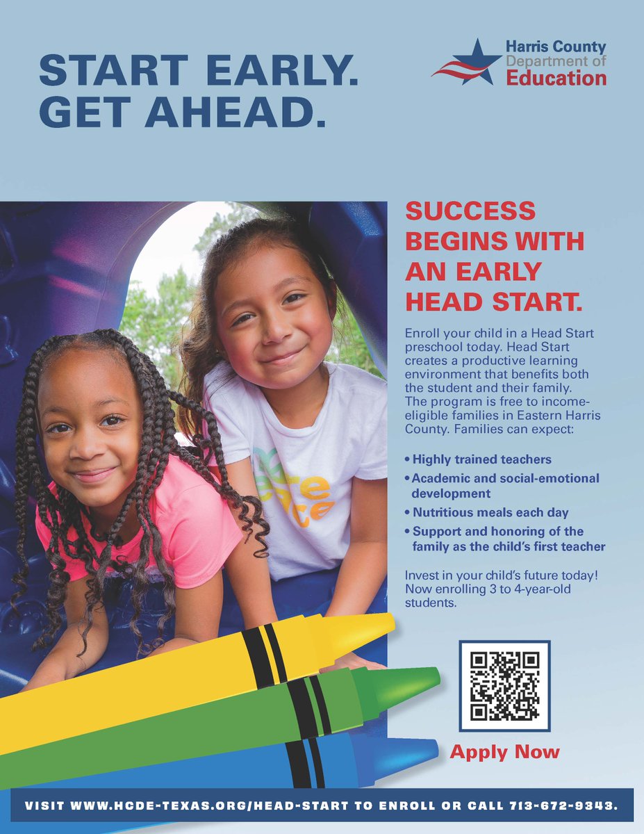 Secure your child's future today! #HCDE Head Start campuses are accepting applications for the 2024-2025 school year. Eligible students follow an approved curriculum and receive healthy meals and developmental screenings. Apply at hcde-texas.org/head-start/app… or call 713-672-9343.