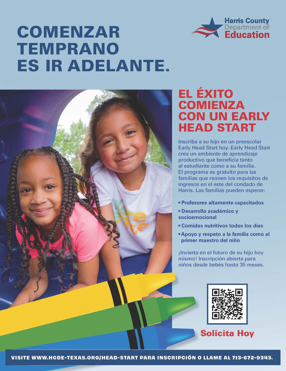 ¡Asegure hoy el futuro de sus hijos! El programa Head Start de #HCDE está aceptando solicitudes para el año escolar 2024-2025. Los estudiantes elegibles reciben un currículo aprobado, comidas saludables y más. Más detalles en hcde-texas.org/head-start o 713-672-9343.