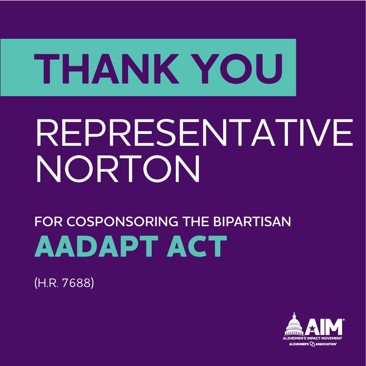 Thank you, @EleanorNorton, for cosponsoring the #AADAPTAct and for supporting the Alzheimer’s and dementia community by helping to improve dementia training and education for primary care providers.