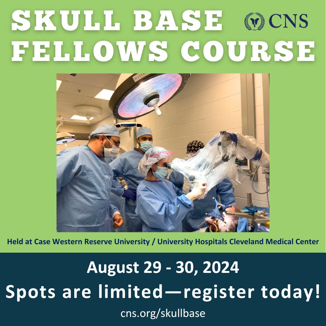 The Skull Base Fellows Course is back for another year in Cleveland, OH! Join our expert faculty August 29-30 for hands-on experience you won't get anywhere else along with case-based discussions & lectures. Space is limited, reserve your seat: cns.org/skullbase #CNSCourse