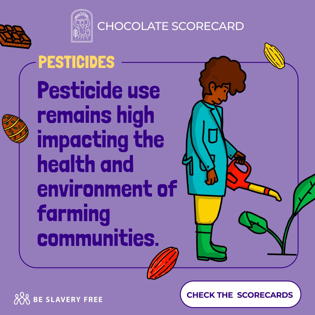 Harmful chemicals are commonly used in cocoa farming as farmers struggle to turn a living income from their crop. But these pesticides can harm workers - some of whom are children - and communities. Find out how brands performed in pesticides category at chocolatescorecard.com