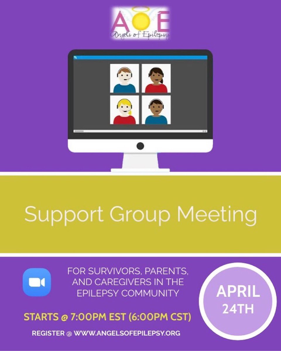 Hello Epilepsy Community! There’s still time to register for the Angels of Epilepsy virtual support group meeting, TODAY - April 24th at 7:00pm EST. (6:00pm CT) 💜 Register NOW at: us02web.zoom.us/meeting/regist…