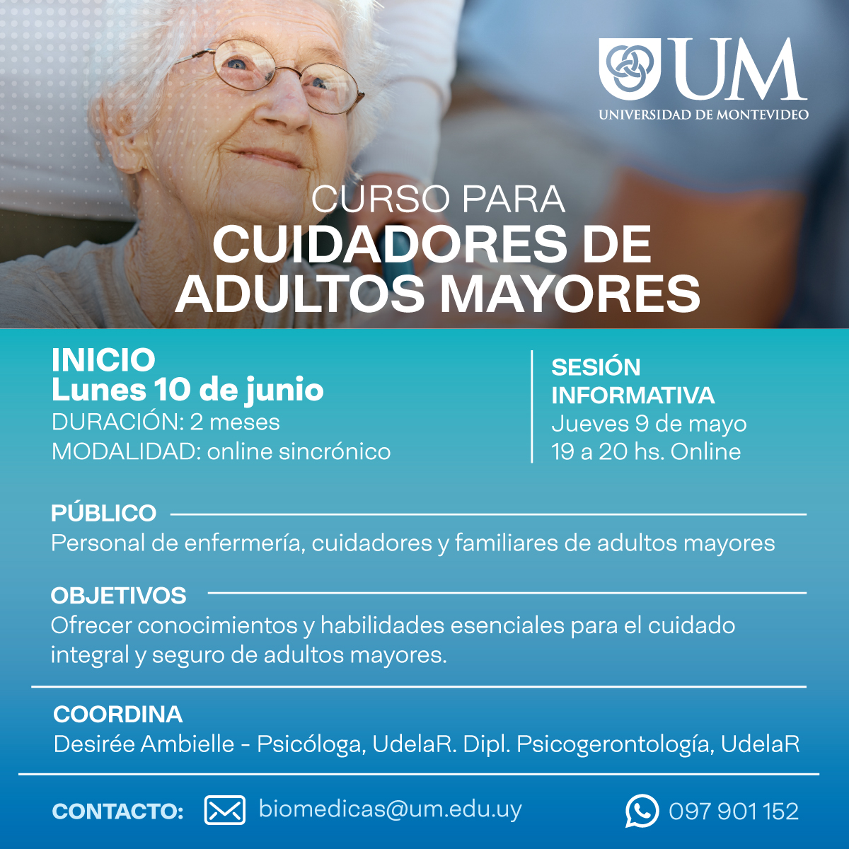 Curso para cuidadores de adultos 👵🏻👴🏻 El Centro de Ciencias Biomédicas (CCB) de la UM lanzó un nuevo curso para personal de enfermería, cuidadores y familiares de adultos mayores 🙌🏻 Inscripción y consultas en: 📩 biomedicas@um.edu.uy 📞 097 901 152